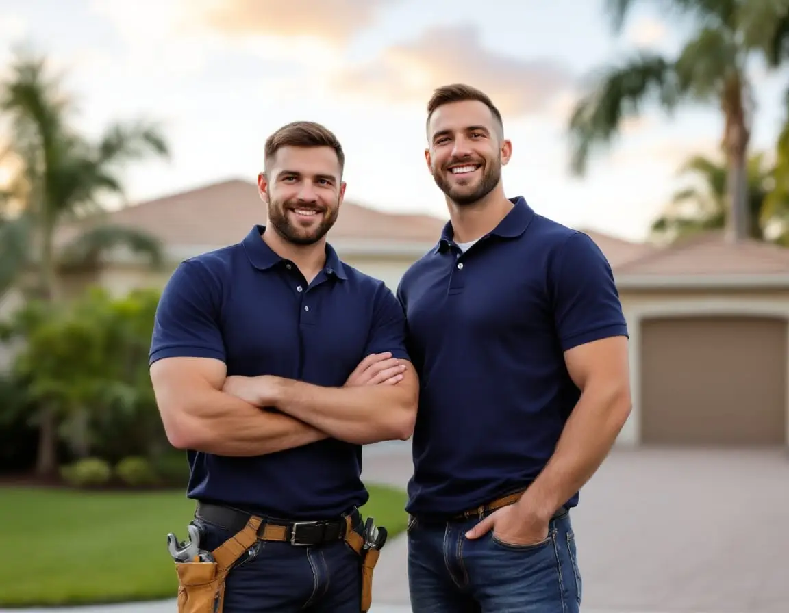 Two plumbers in plain navy polo shirts standing together in front of a Weston, Florida home, one holding a wrench