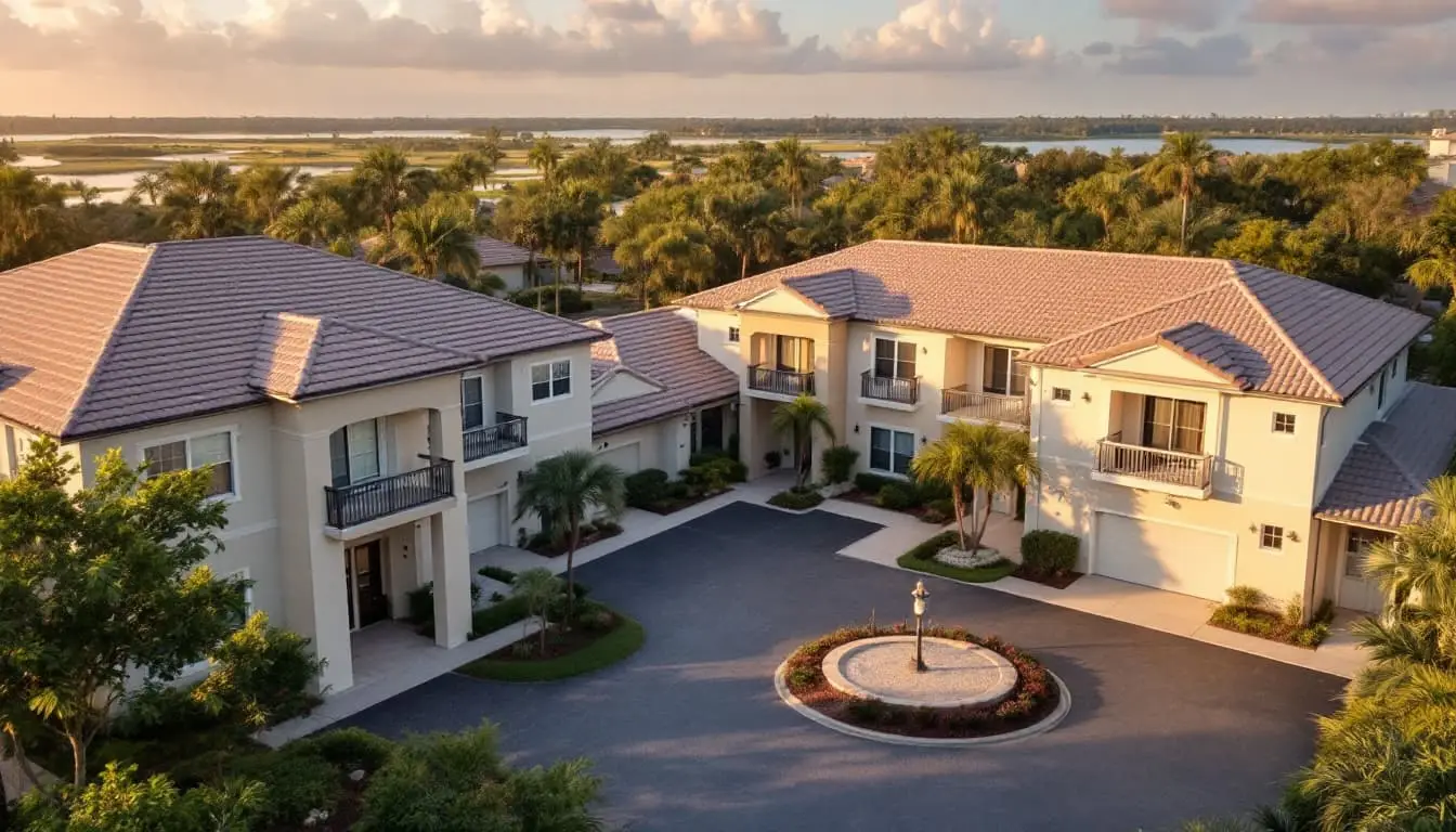 A cluster of condo and high-rise towers along the South Florida coast, warm afternoon light