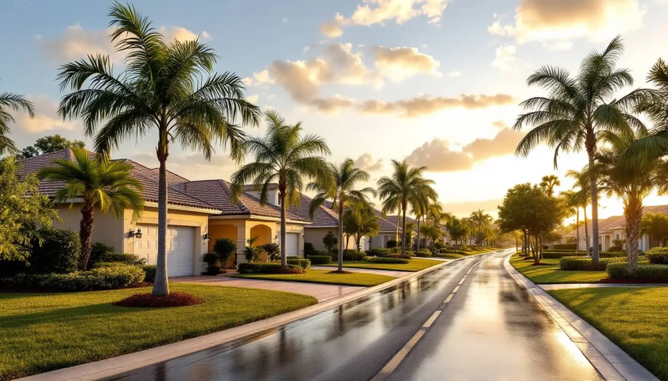A single-family street of ranch-style homes in a South Florida suburb, warm afternoon light