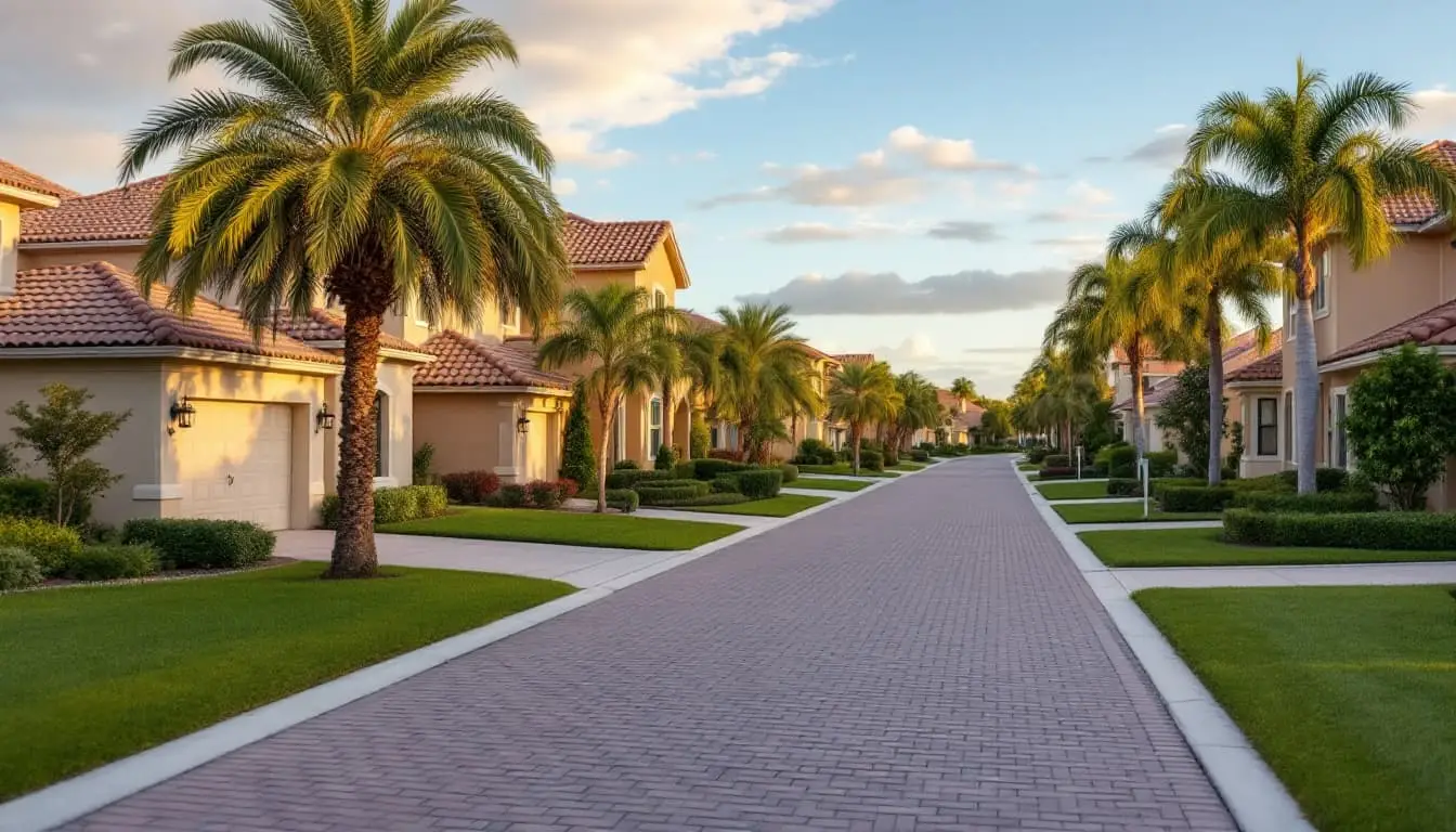 Townhomes along a quiet canal-front street in a South Florida residential community, warm afternoon light