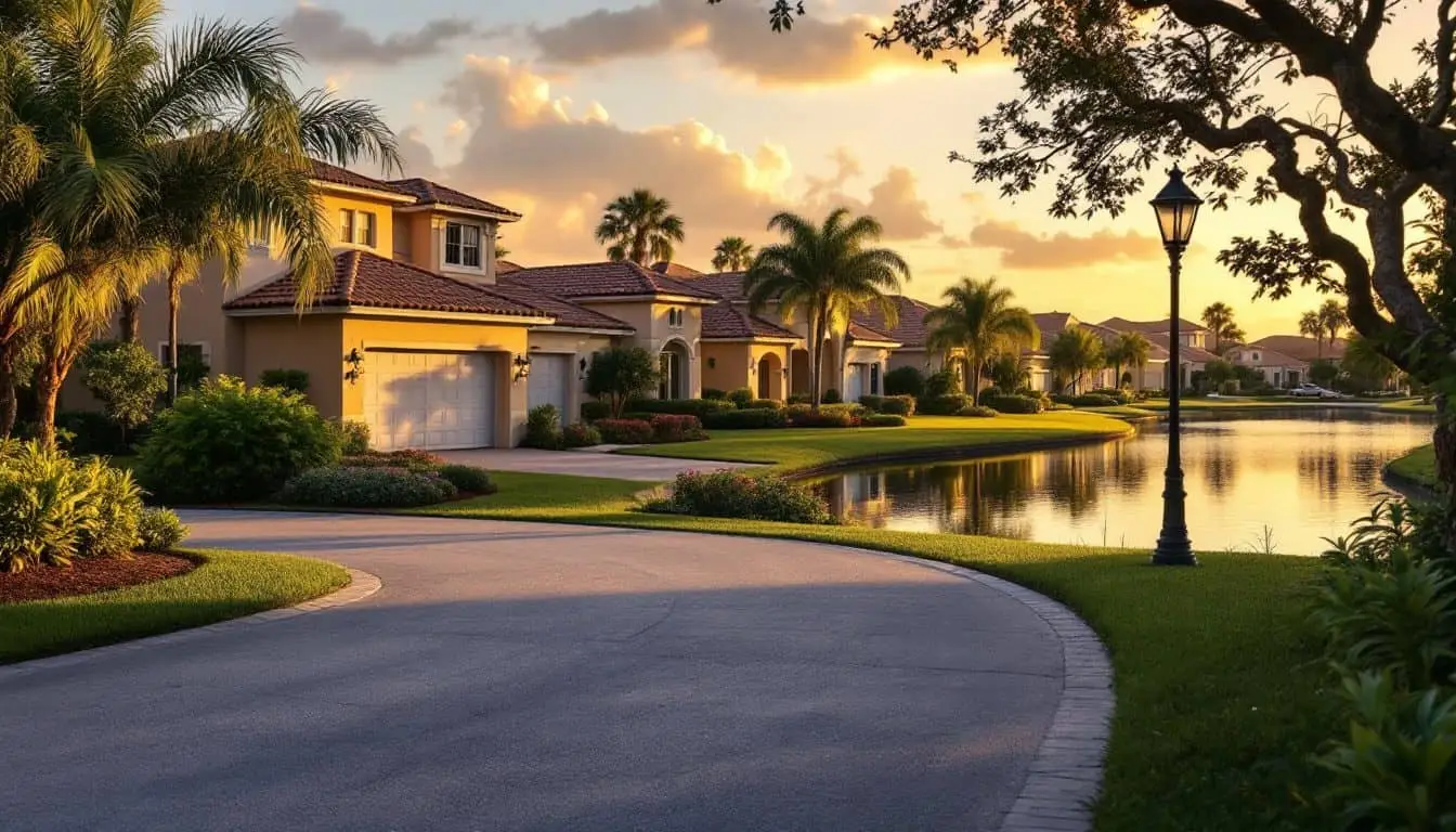 A quiet lakeside street of tile-roofed homes in a Weston, Florida planned community at golden hour