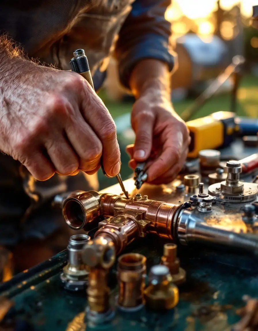 A plumber’s gloved hands tightening a chrome and brass compression fitting with a wrench