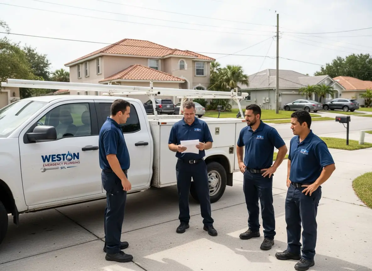 A plumbing crew and a service truck parked in a residential driveway, reviewing a work order