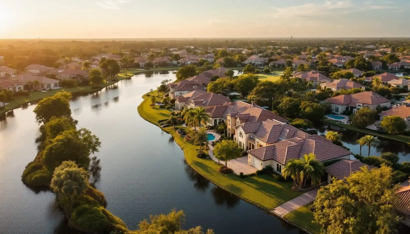 Tile-roofed homes along a landscaped lake in a South Florida suburban community, warm afternoon light