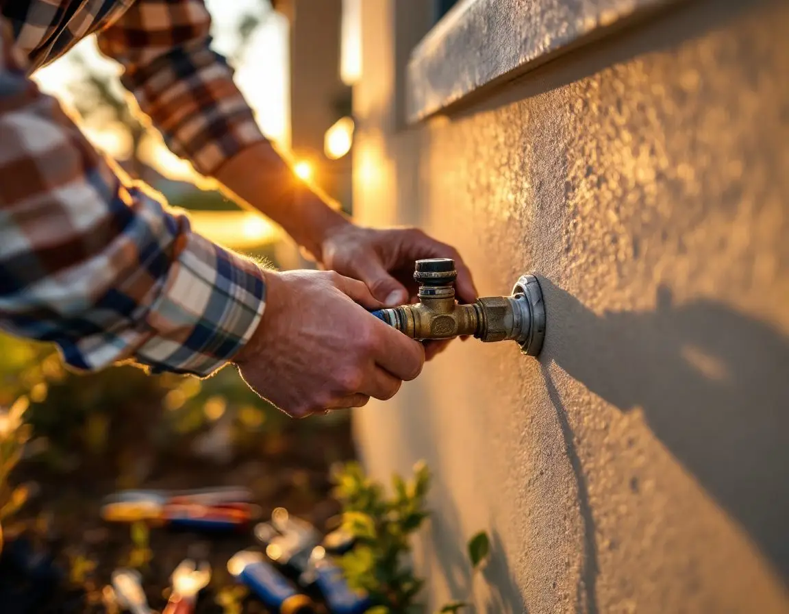 A plumber’s hands adjusting a utility valve with hand tools laid out nearby