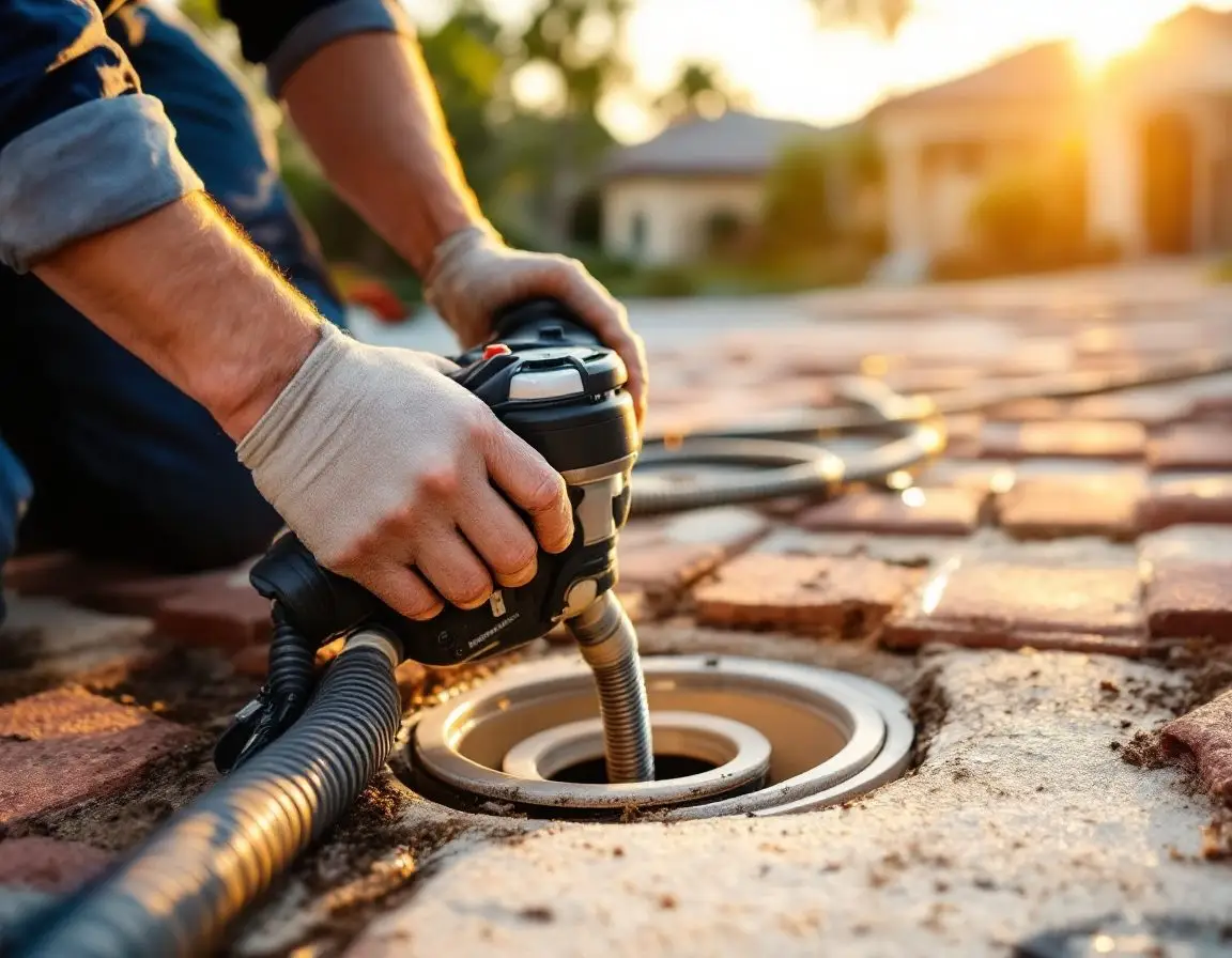 A plumber’s gloved hands operating an electric drum drain machine, feeding a steel cable into a floor cleanout