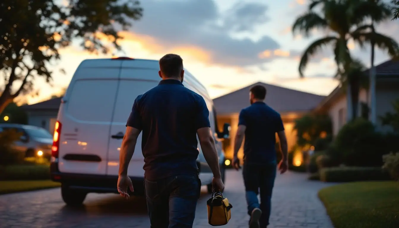 An unmarked service van parked in a driveway at dusk, two plumbers walking toward the house with a tool bag, warm evening light