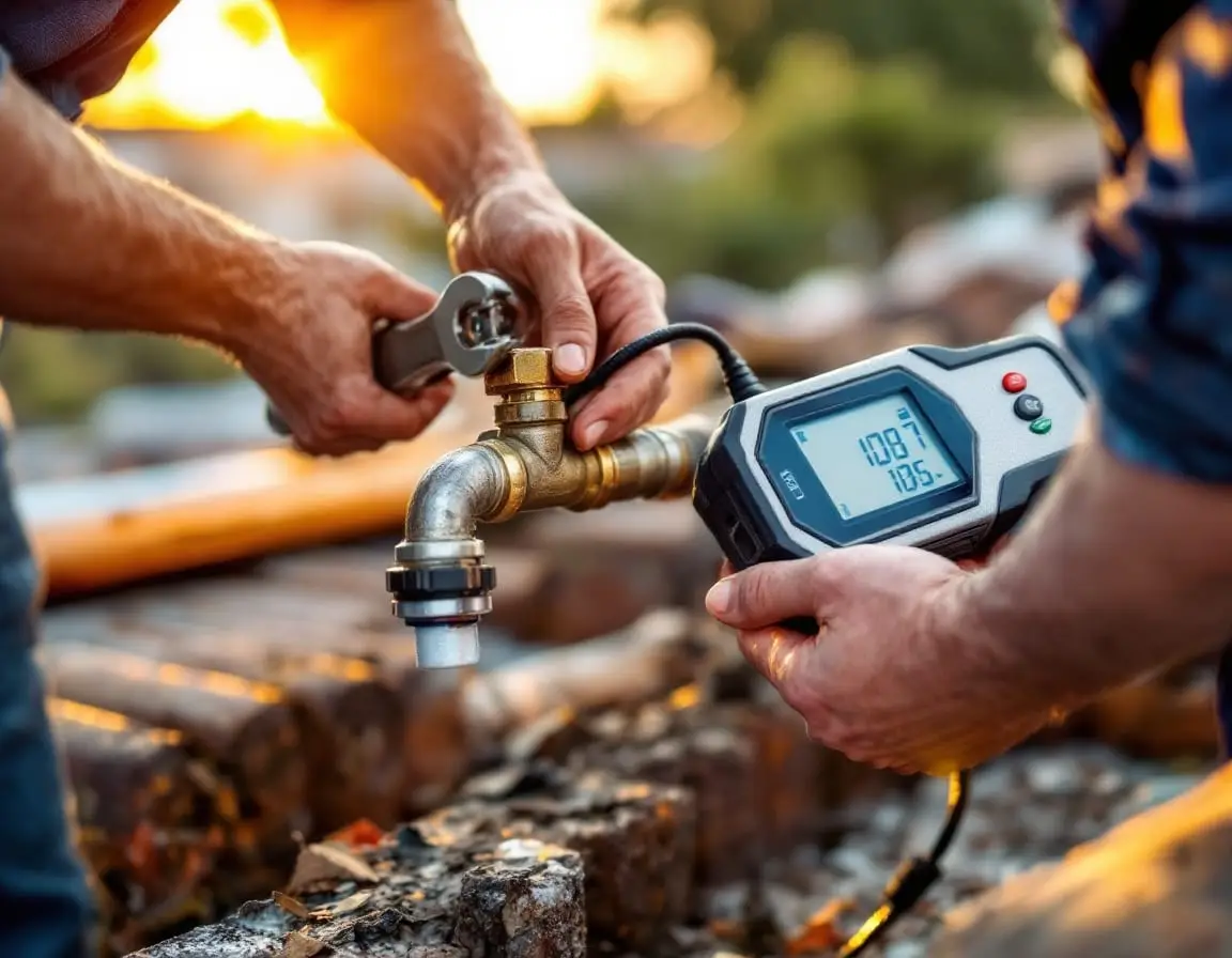 A plumber connecting a fitting with a wrench while a handheld gas detector checks for leaks