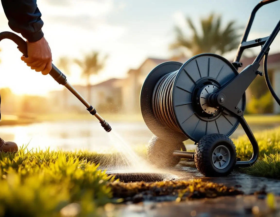 A plumber directing a high-pressure hydro-jetting hose into a drain cleanout, water spraying