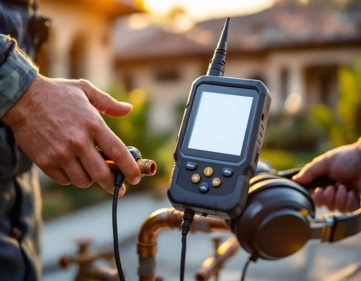 A plumber’s hands holding an acoustic leak-detection listening device against a copper pipe, warm golden-hour light