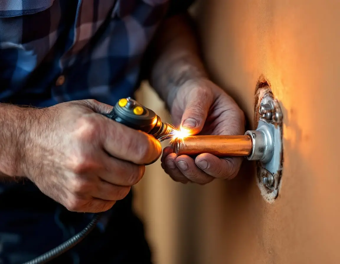 A plumber’s hands soldering a copper pipe joint with a torch during a repiping job