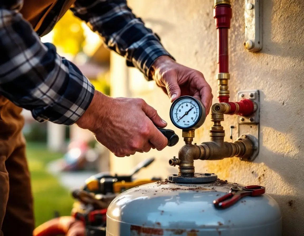A plumber’s hands checking a pressure gauge on a residential well and septic system