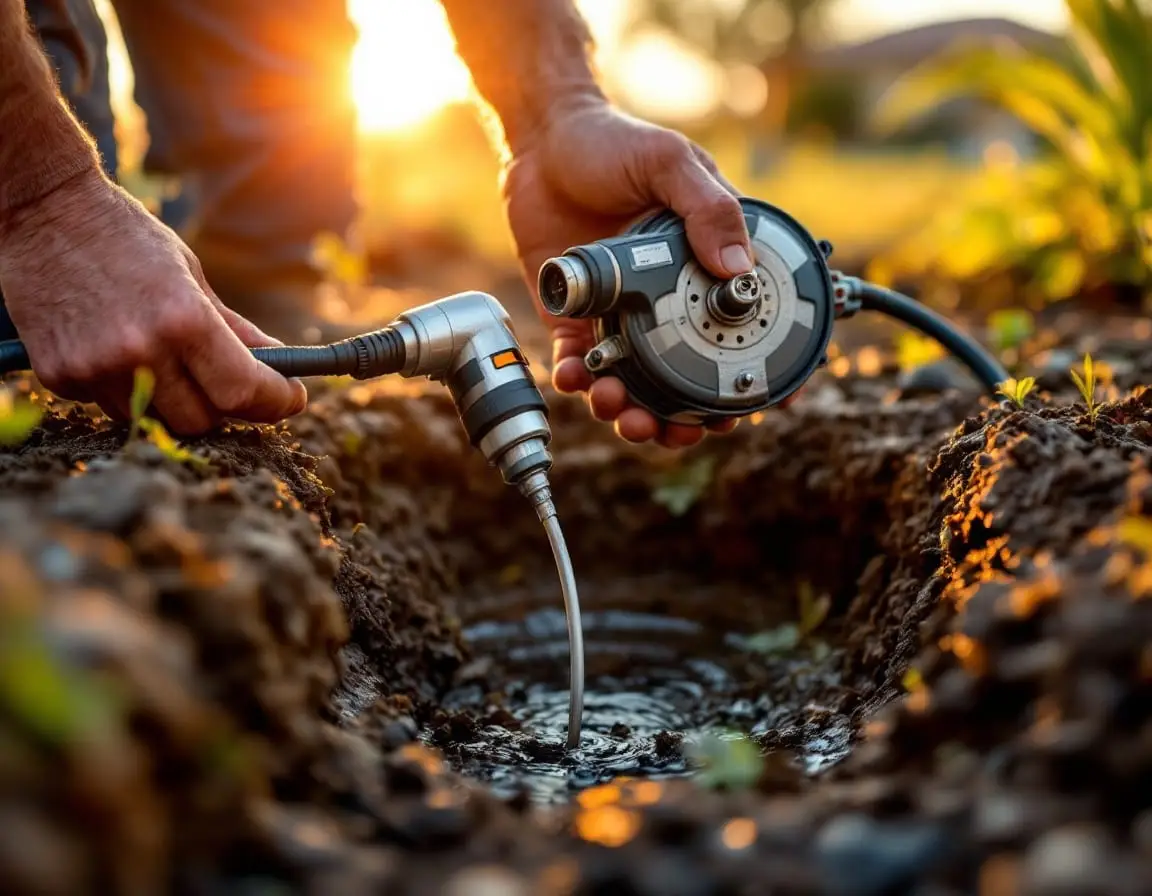 A plumber feeding a sewer inspection camera on a reel into an underground cleanout, warm light