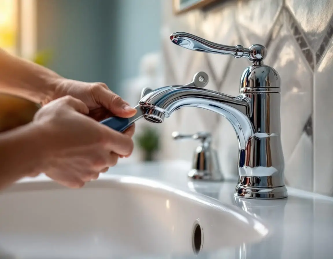 A plumber’s hands installing a chrome bathroom faucet at a sink with a basin wrench