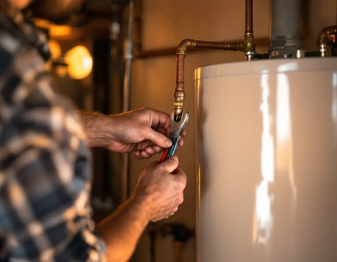 A plumber’s hands connecting the copper supply line on a newly installed tank water heater