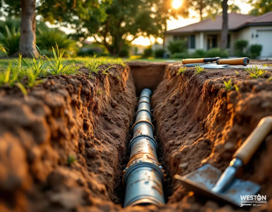 An open trench showing a section of cast iron sewer pipe being replaced in a residential yard