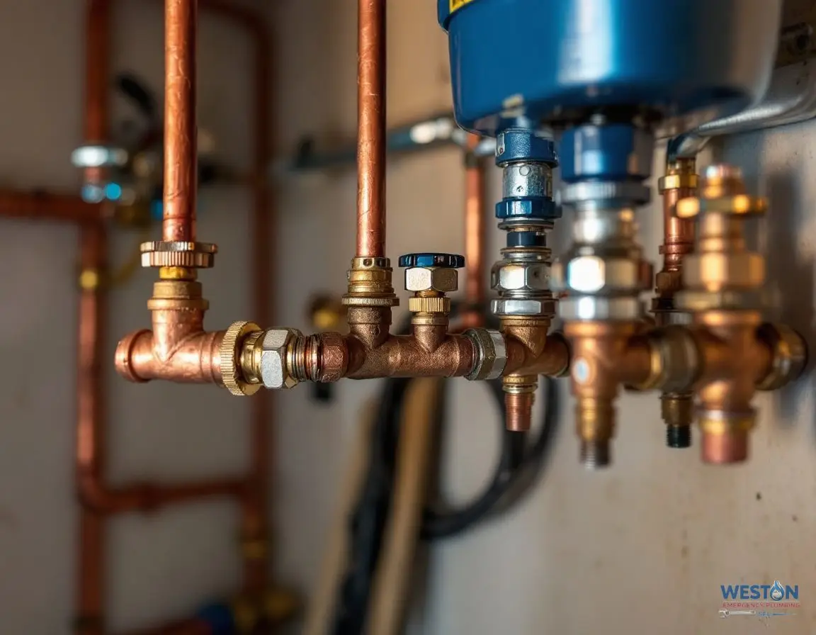 A finished copper pipe manifold with labeled shutoff valves installed in a utility closet