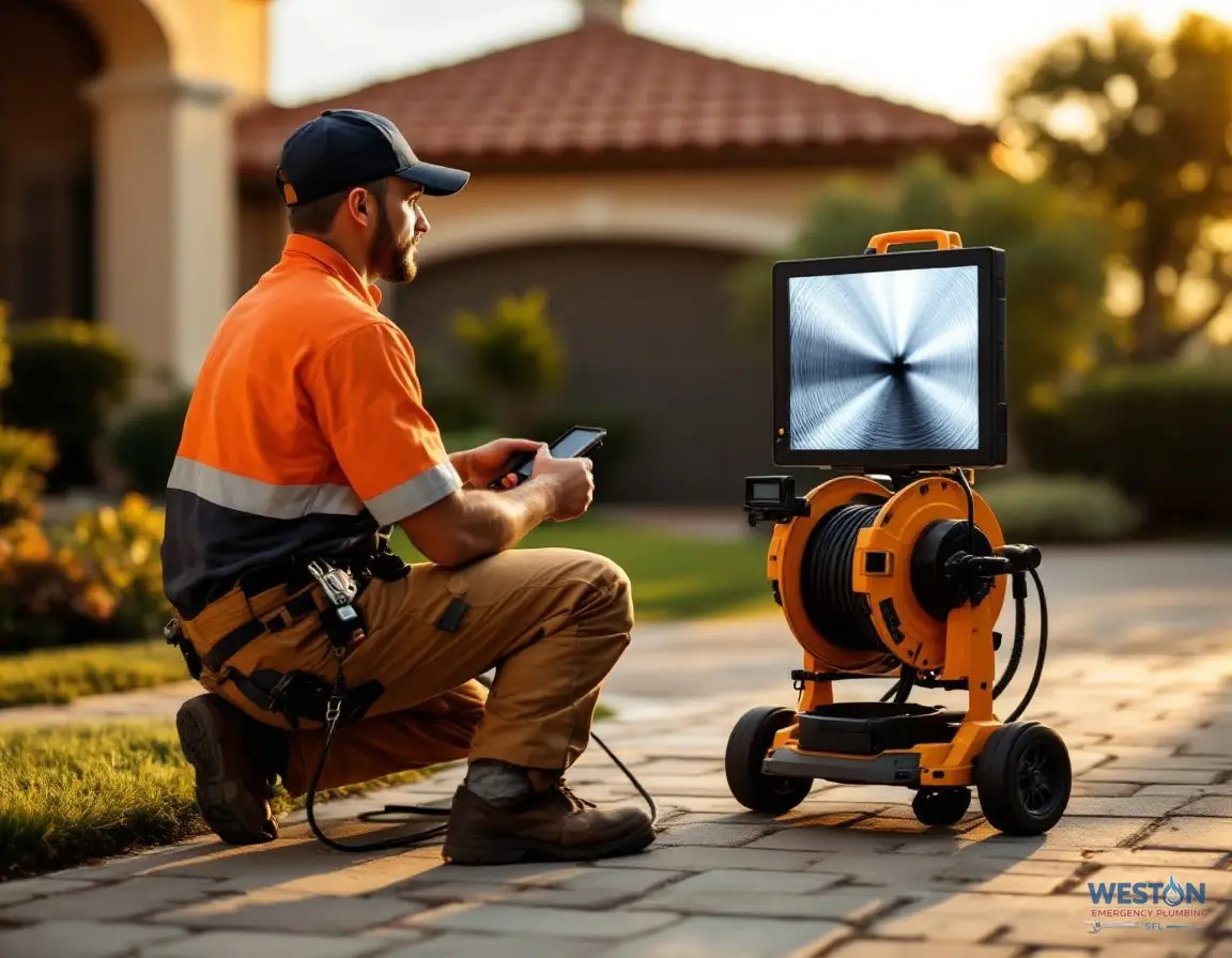 A plumber viewing a sewer camera inspection monitor mounted on a cable reel cart