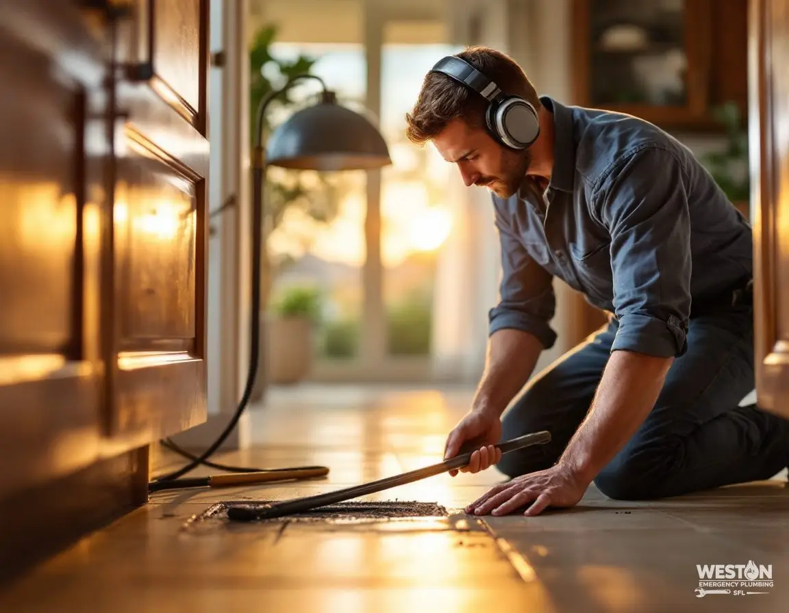 A plumber kneeling on a tile floor, using acoustic headphones and a listening rod to trace a slab leak
