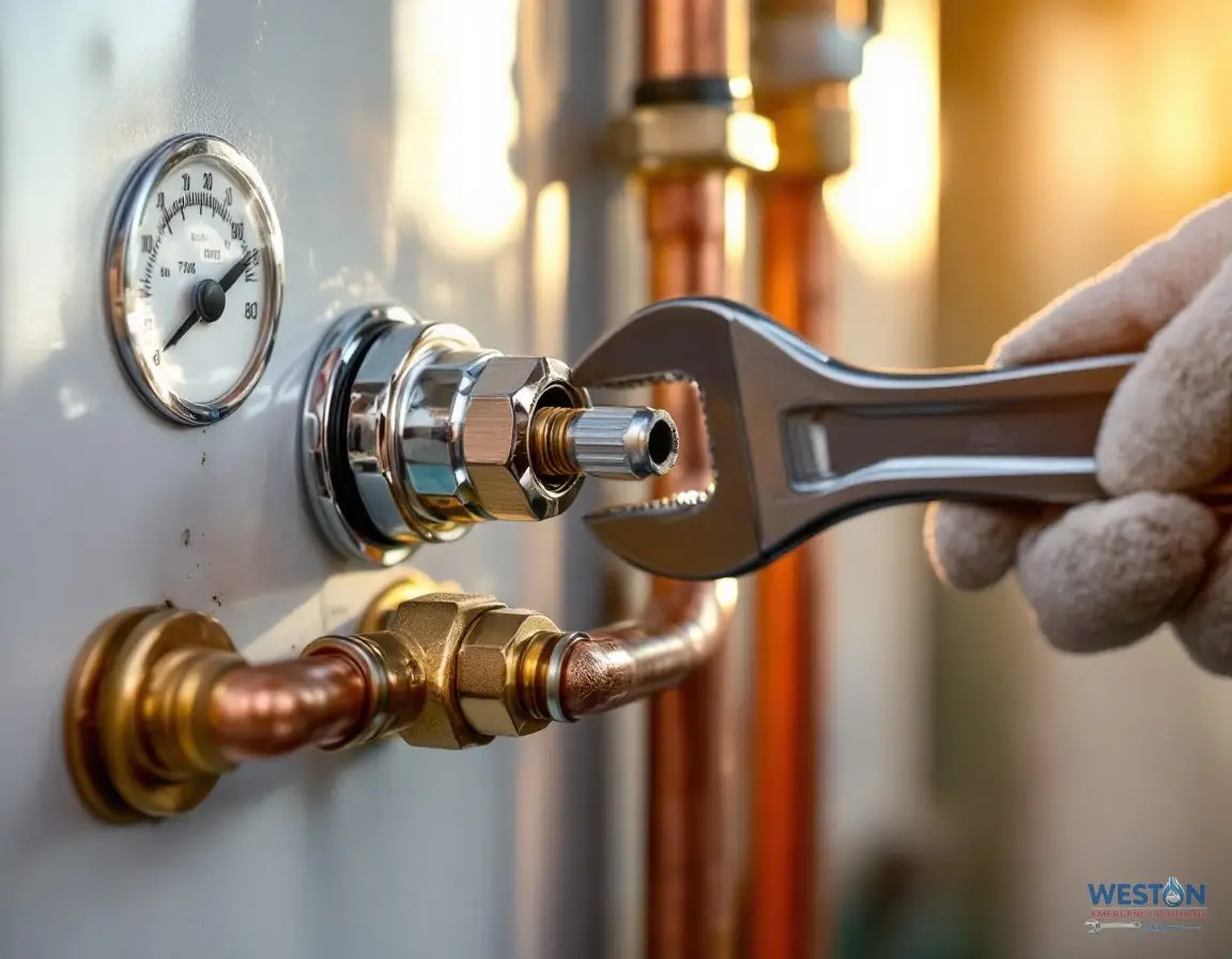 A gloved hand tightening a chrome temperature and pressure relief valve with a wrench