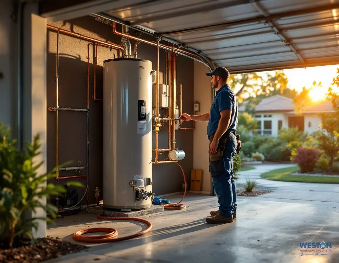 A plumber’s hands connecting copper supply lines to a new tank water heater in a residential garage